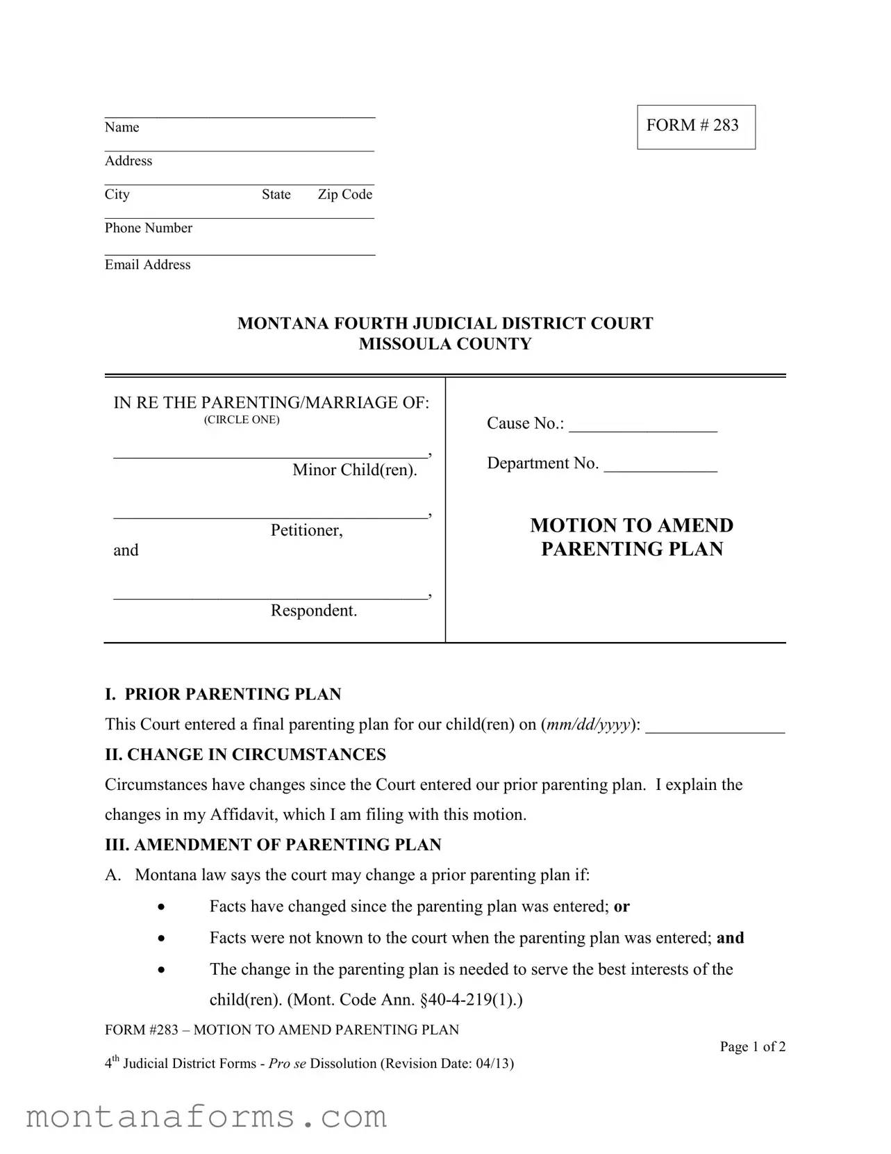 Fillable Montana 283 Template in PDF