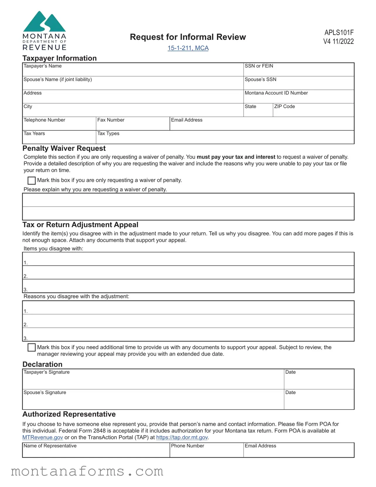 Fillable Montana Apls101F Template in PDF