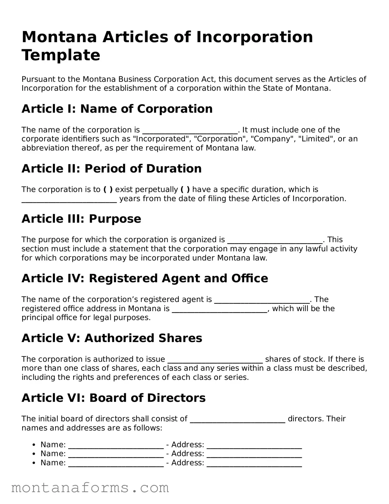 Attorney-Approved Articles of Incorporation Template for the State of Montana