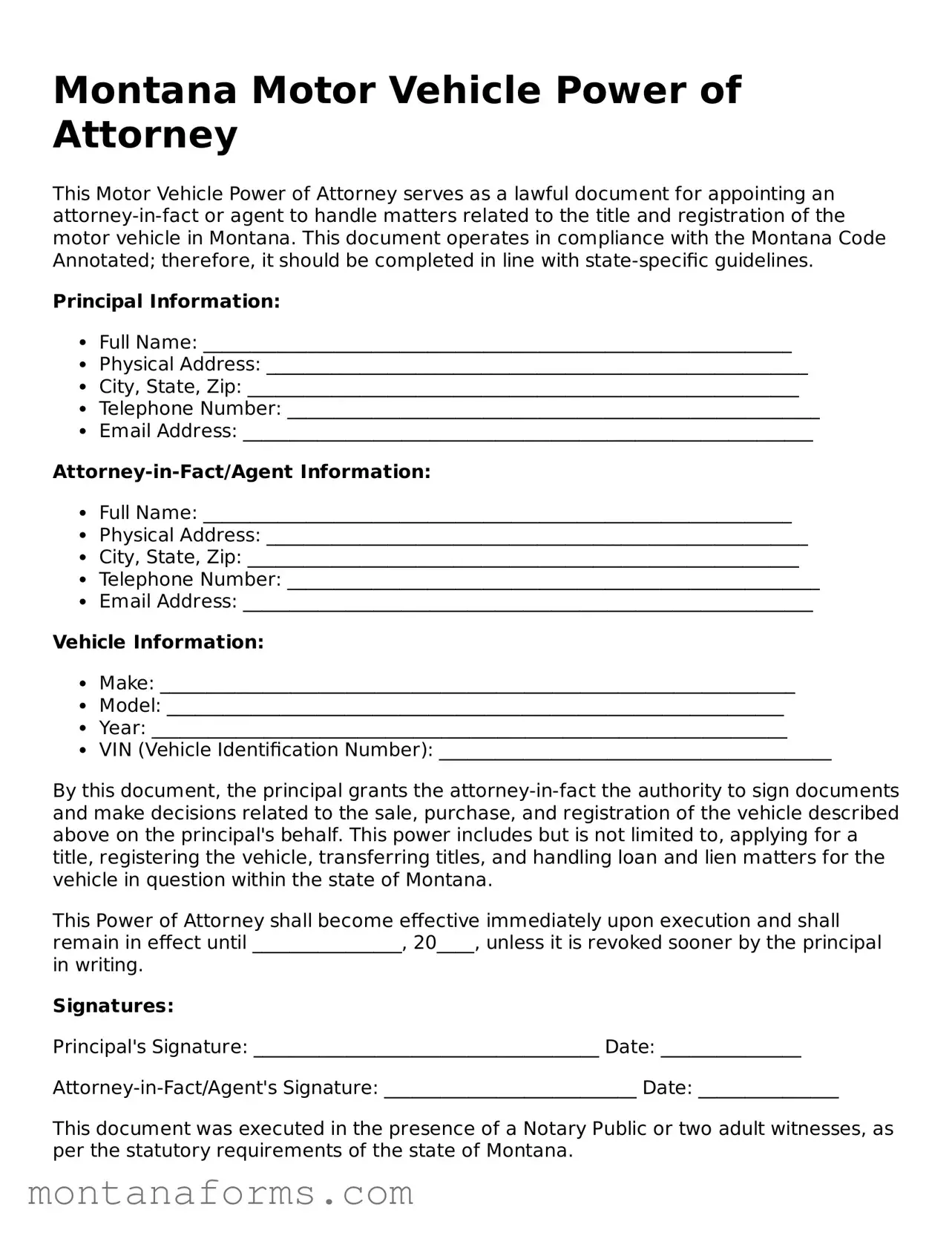 Attorney-Approved Motor Vehicle Power of Attorney Template for the State of Montana