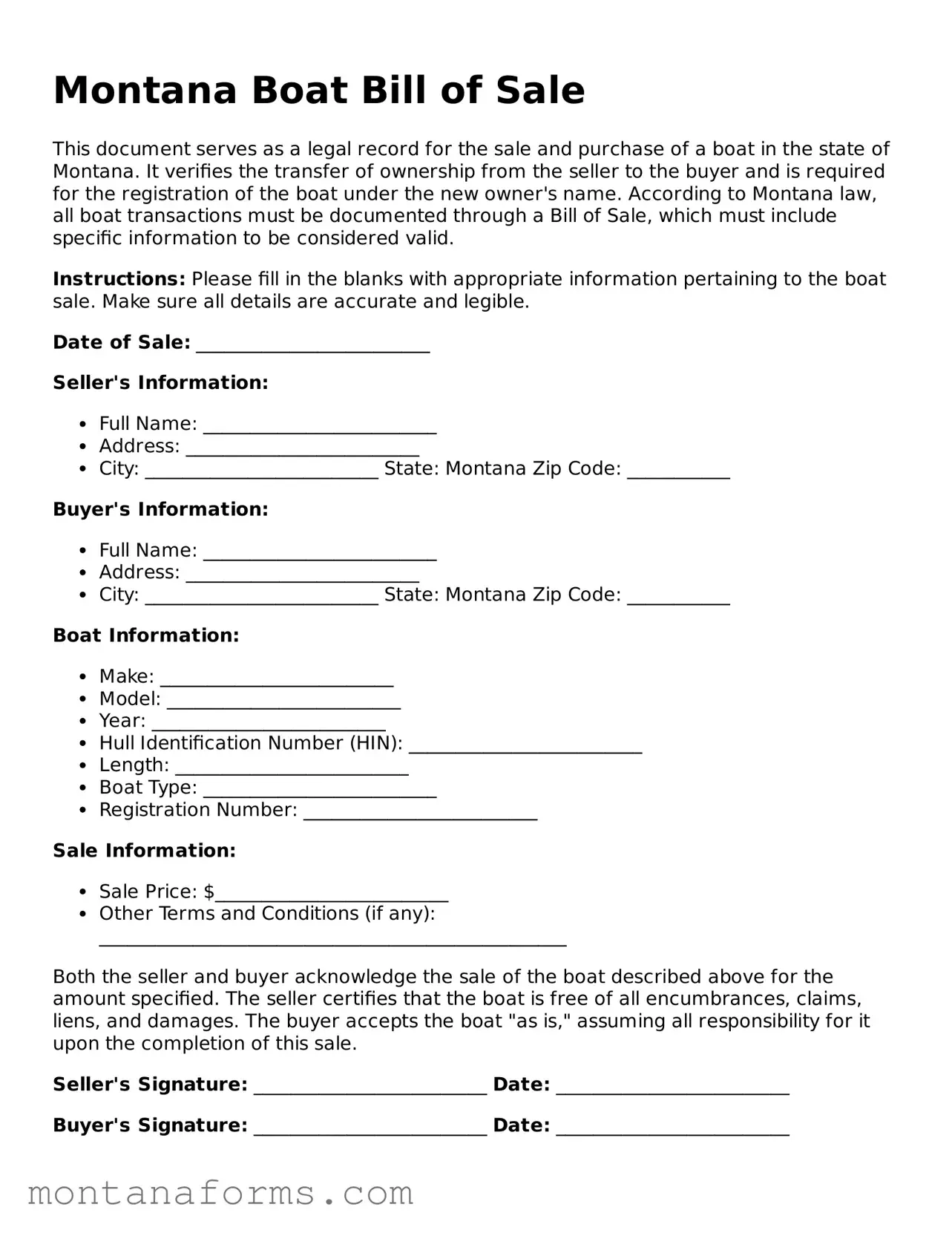 Attorney-Approved Boat Bill of Sale Template for the State of Montana
