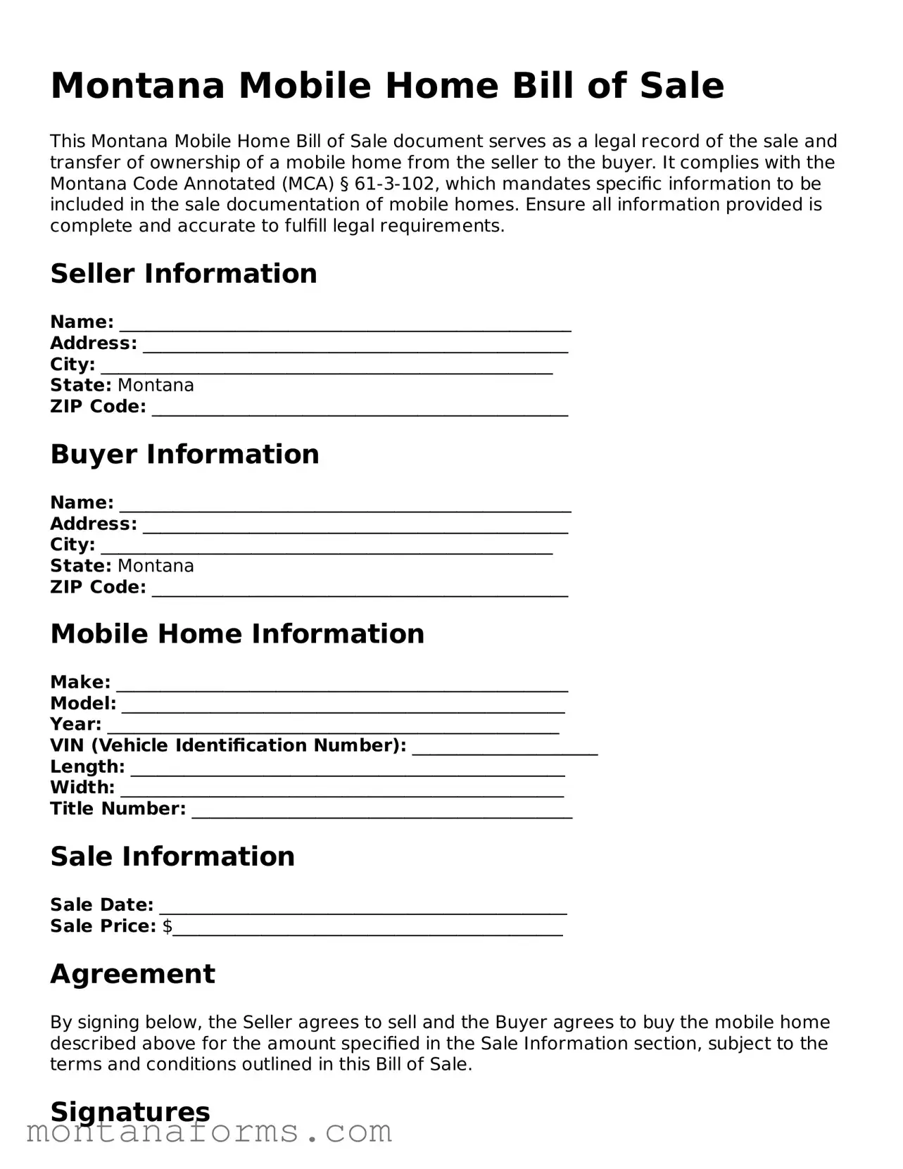 Attorney-Approved Mobile Home Bill of Sale Template for the State of Montana