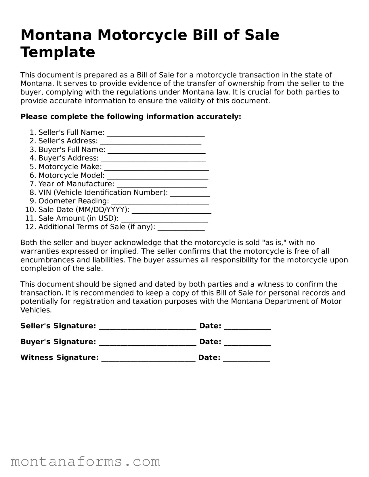 Attorney-Approved Motorcycle Bill of Sale Template for the State of Montana
