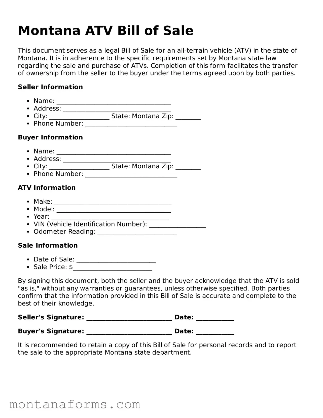Attorney-Approved ATV Bill of Sale Template for the State of Montana
