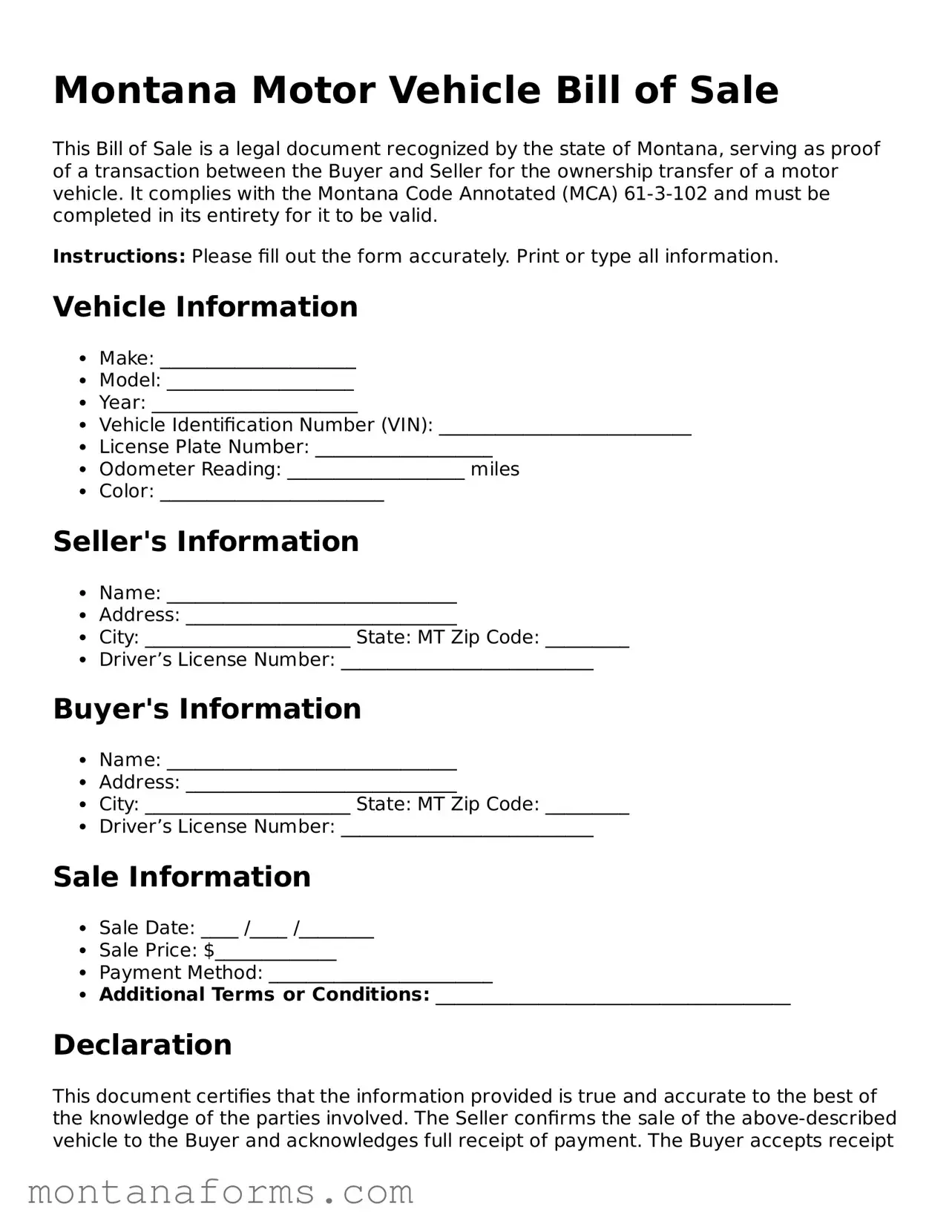 Attorney-Approved Motor Vehicle Bill of Sale Template for the State of Montana