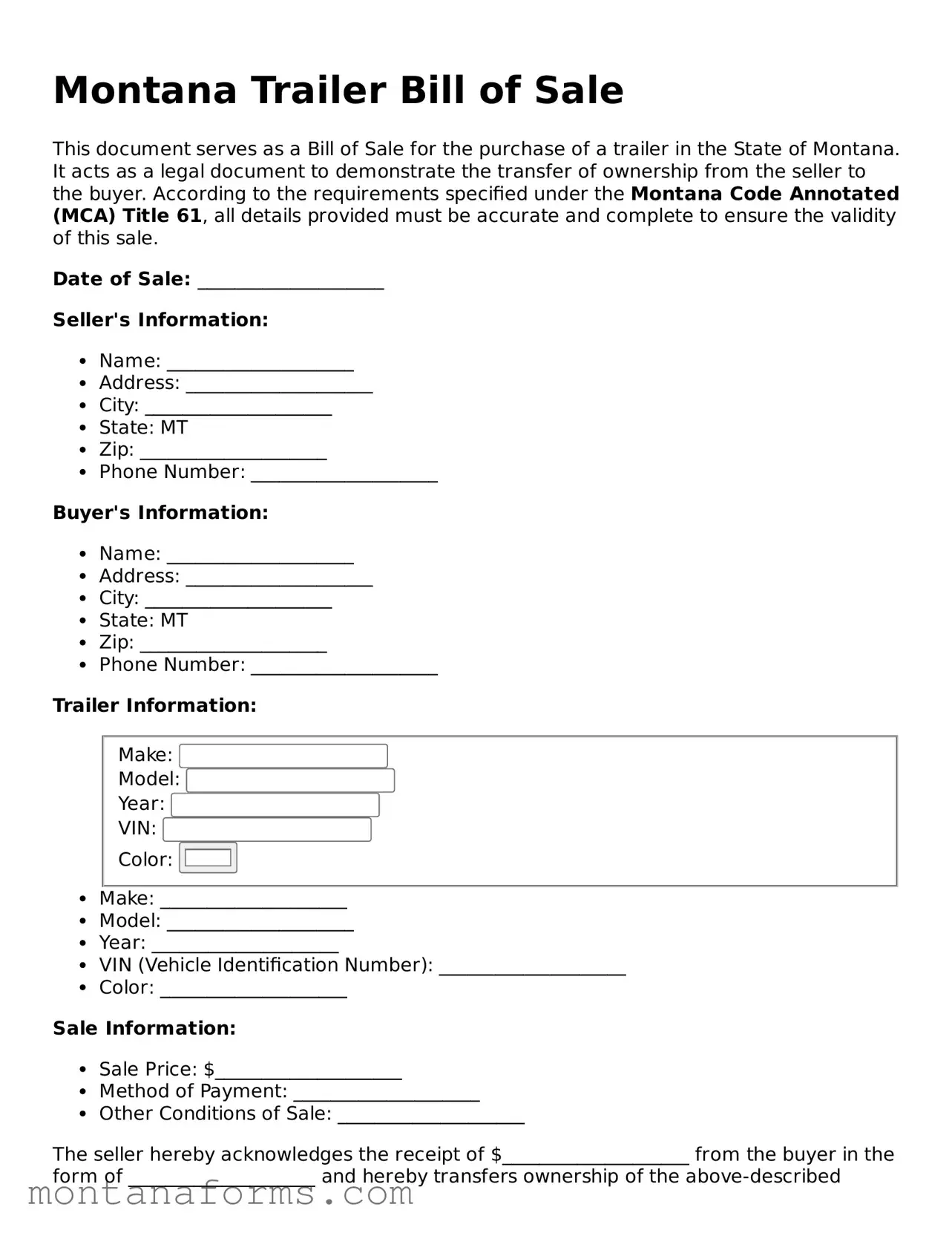 Attorney-Approved Trailer Bill of Sale Template for the State of Montana