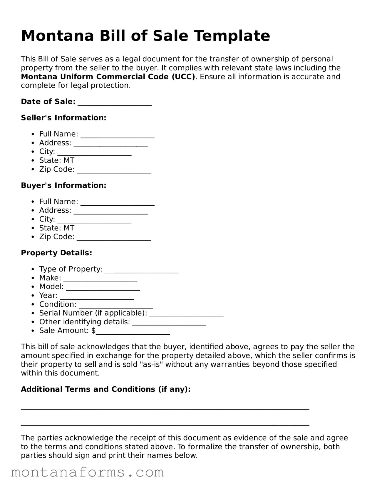 Attorney-Approved Bill of Sale Template for the State of Montana