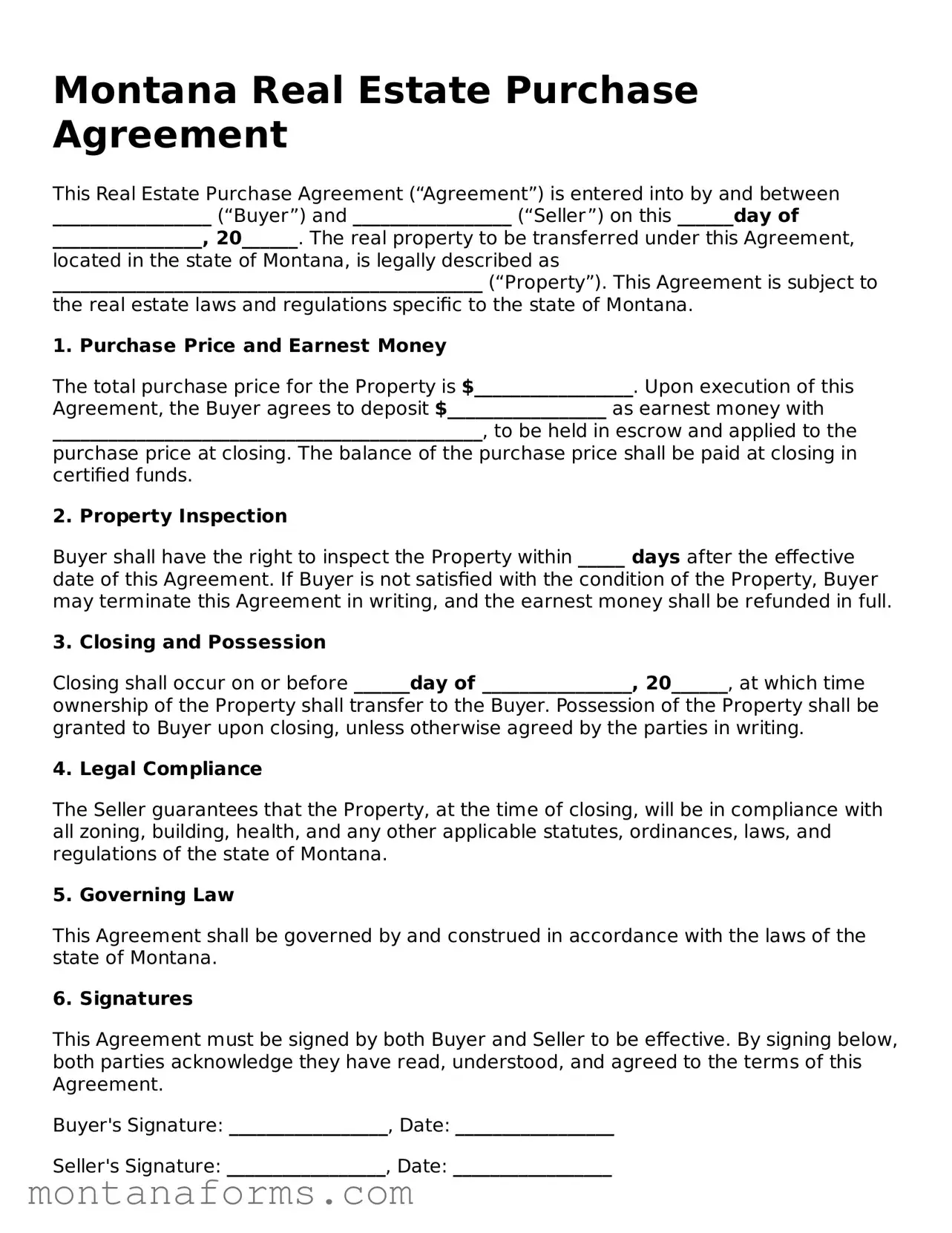 Attorney-Approved Real Estate Purchase Agreement Template for the State of Montana