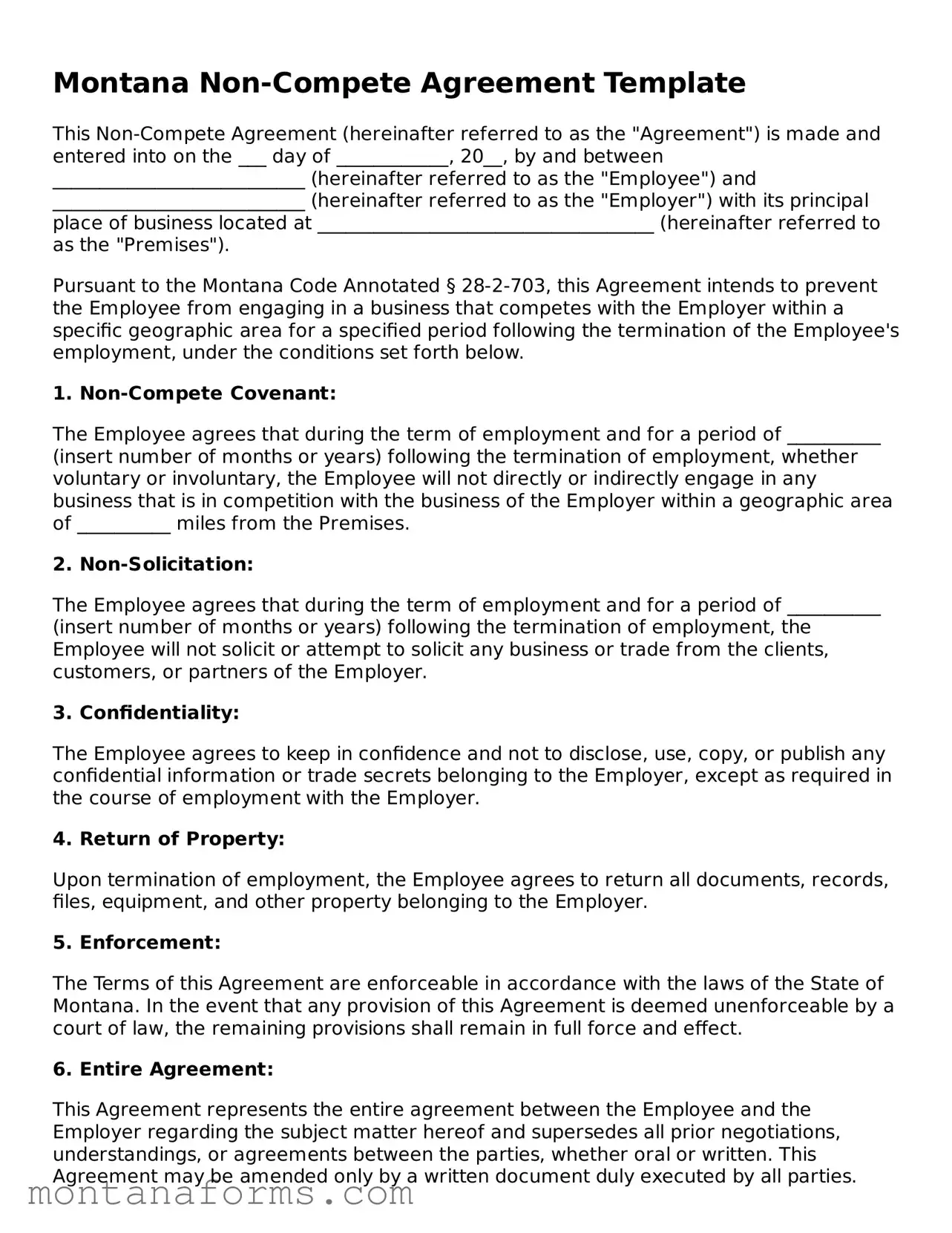 Attorney-Approved Non-compete Agreement Template for the State of Montana