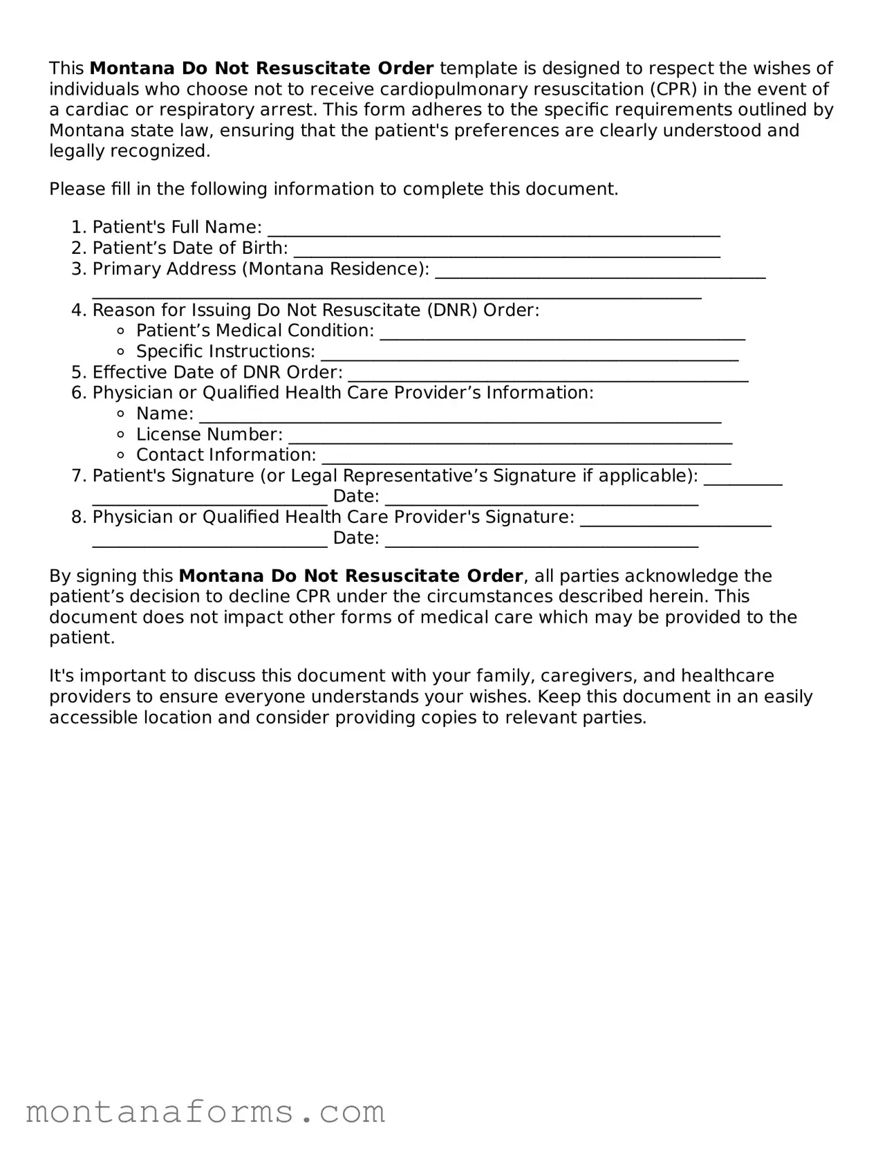 Attorney-Approved Do Not Resuscitate Order Template for the State of Montana