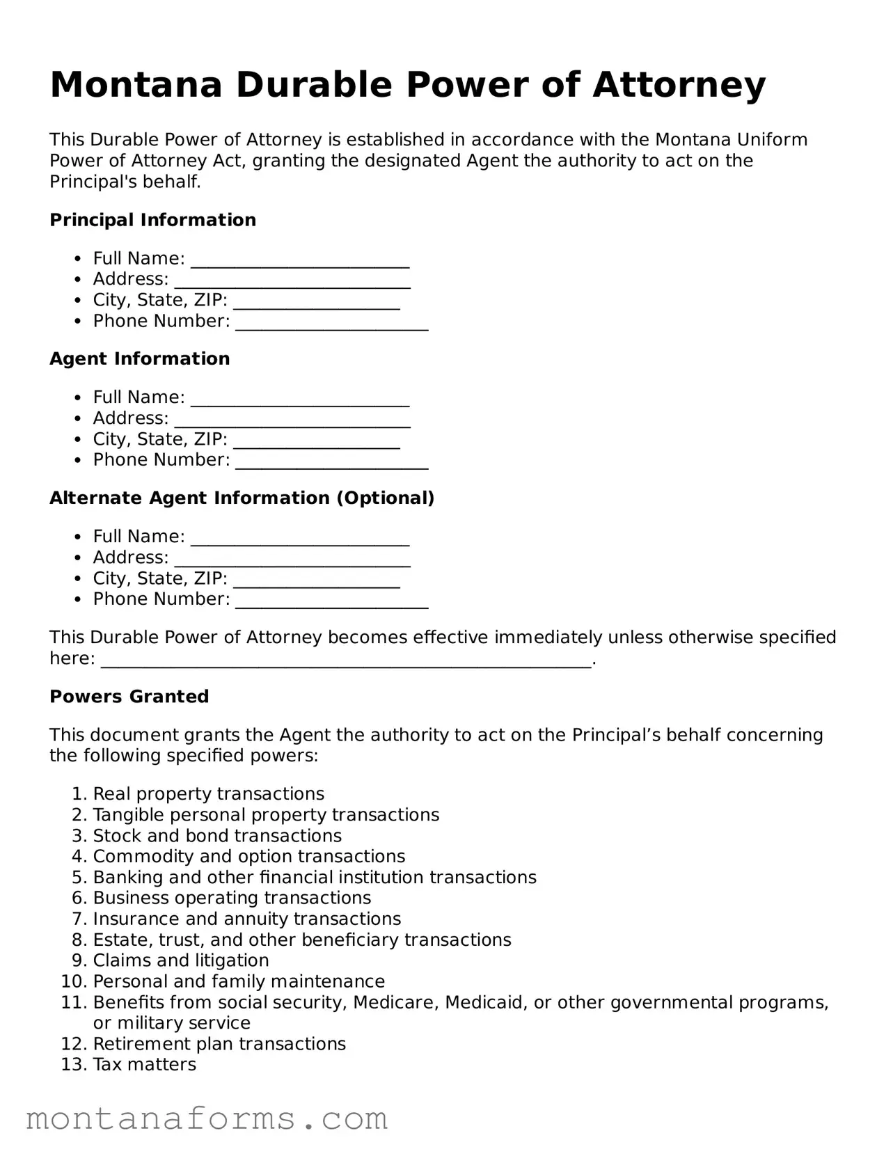 Attorney-Approved Durable Power of Attorney Template for the State of Montana