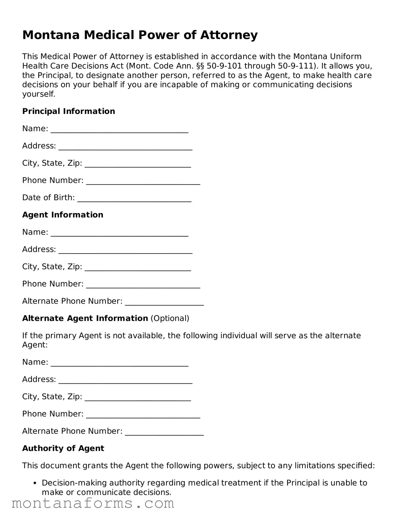 Attorney-Approved Medical Power of Attorney Template for the State of Montana