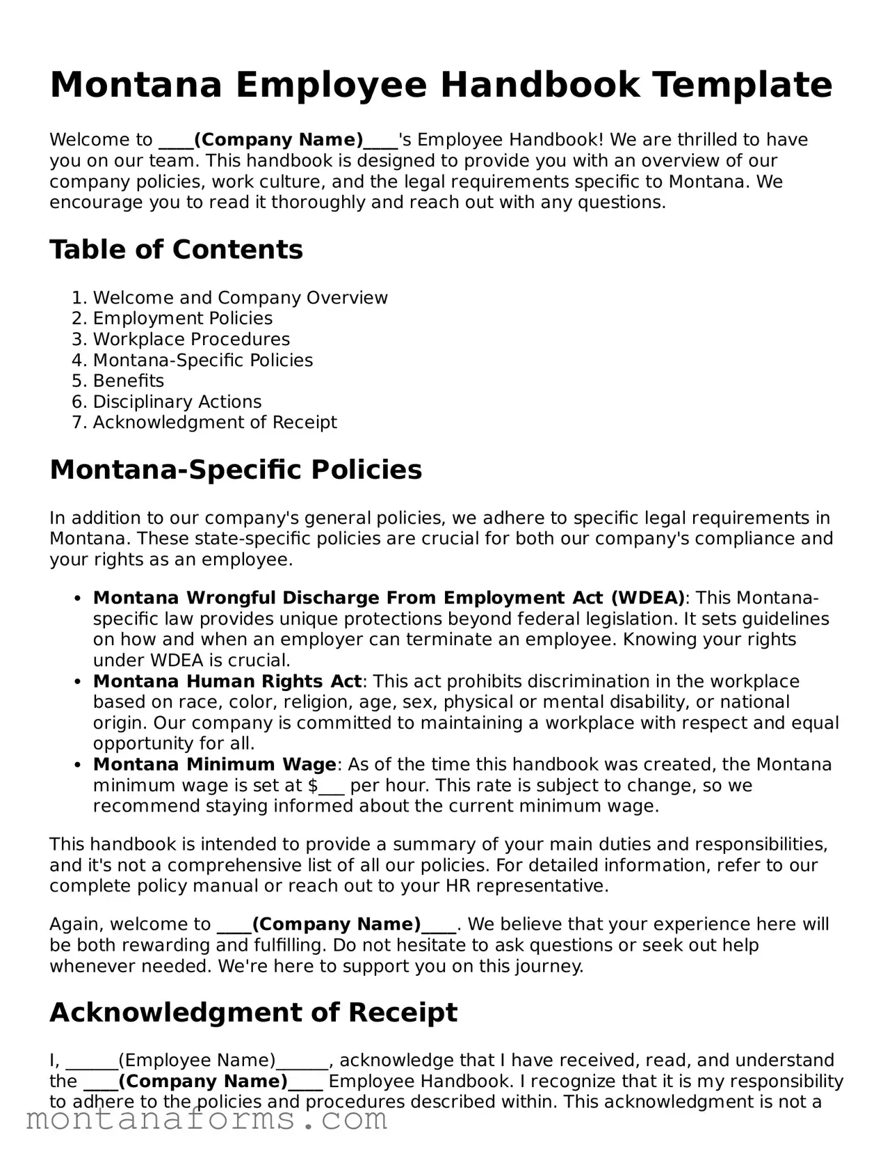 Attorney-Approved Employee Handbook Template for the State of Montana