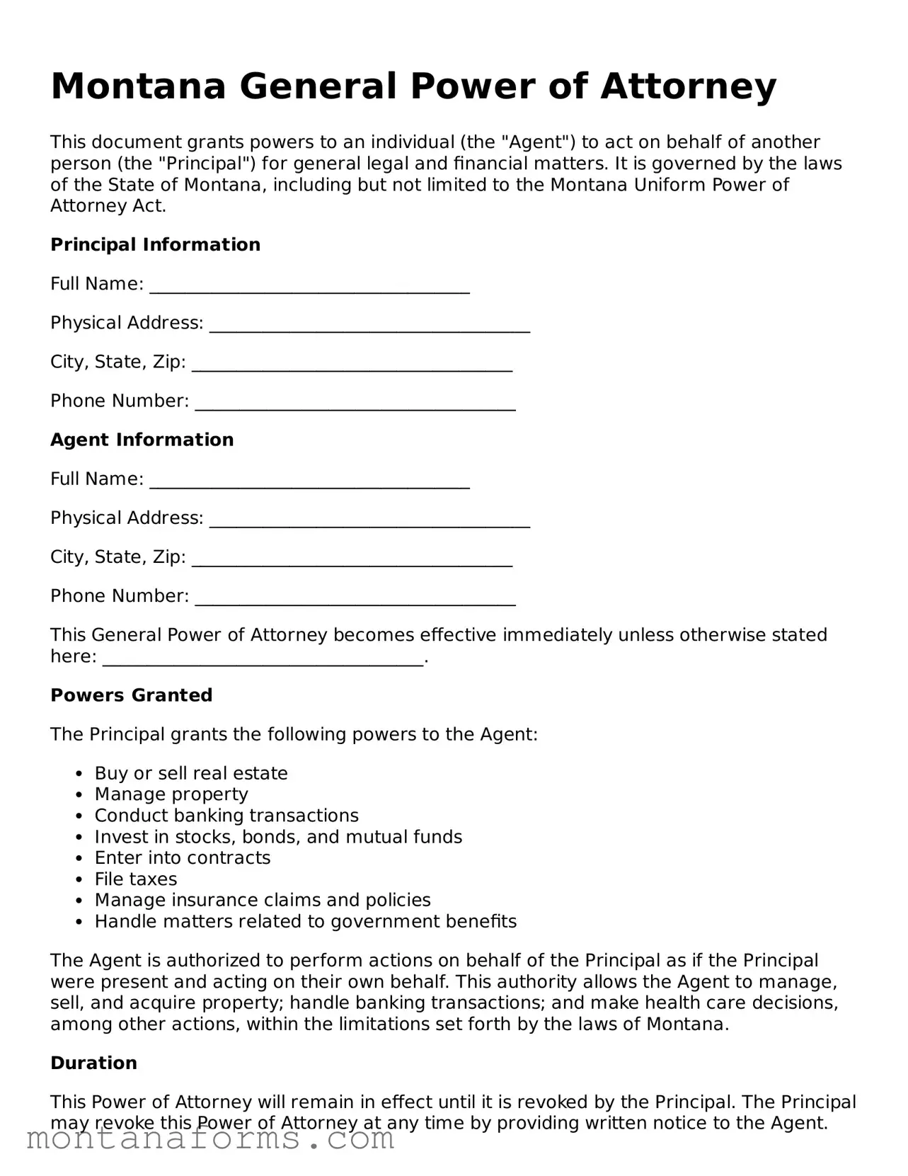 Attorney-Approved General Power of Attorney Template for the State of Montana