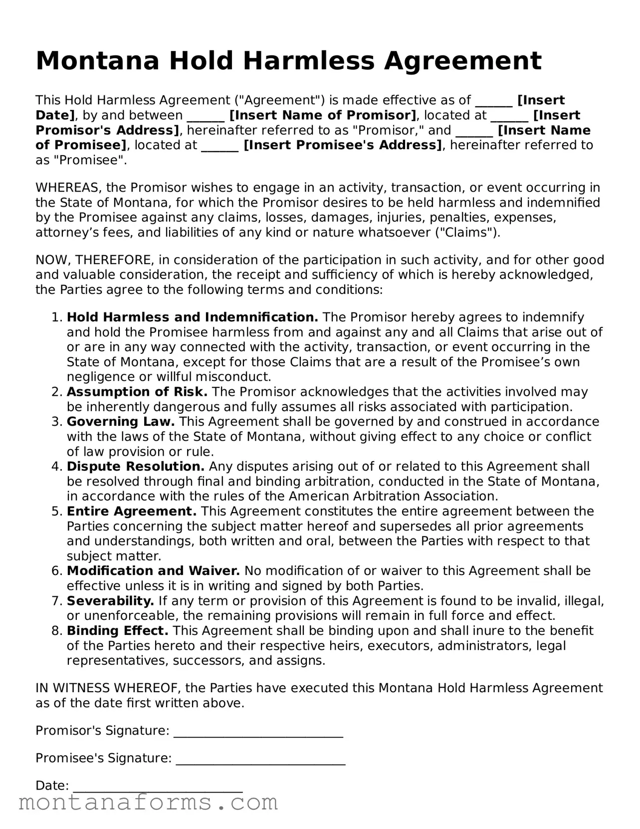 Attorney-Approved Hold Harmless Agreement Template for the State of Montana