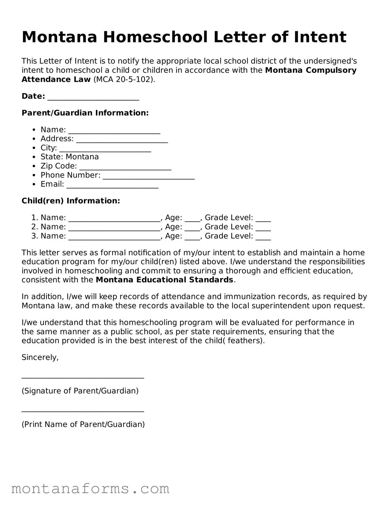 Attorney-Approved Homeschool Letter of Intent Template for the State of Montana