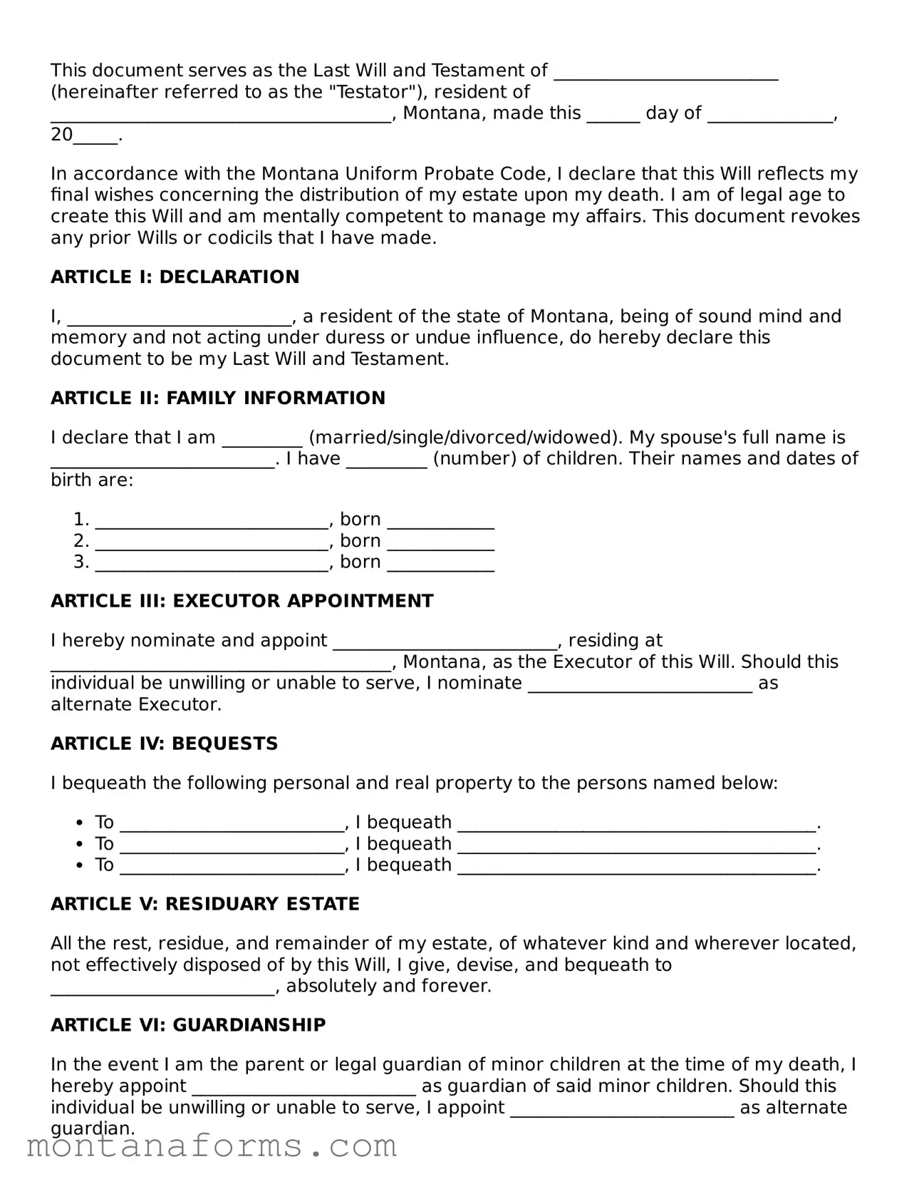 Attorney-Approved Last Will and Testament Template for the State of Montana