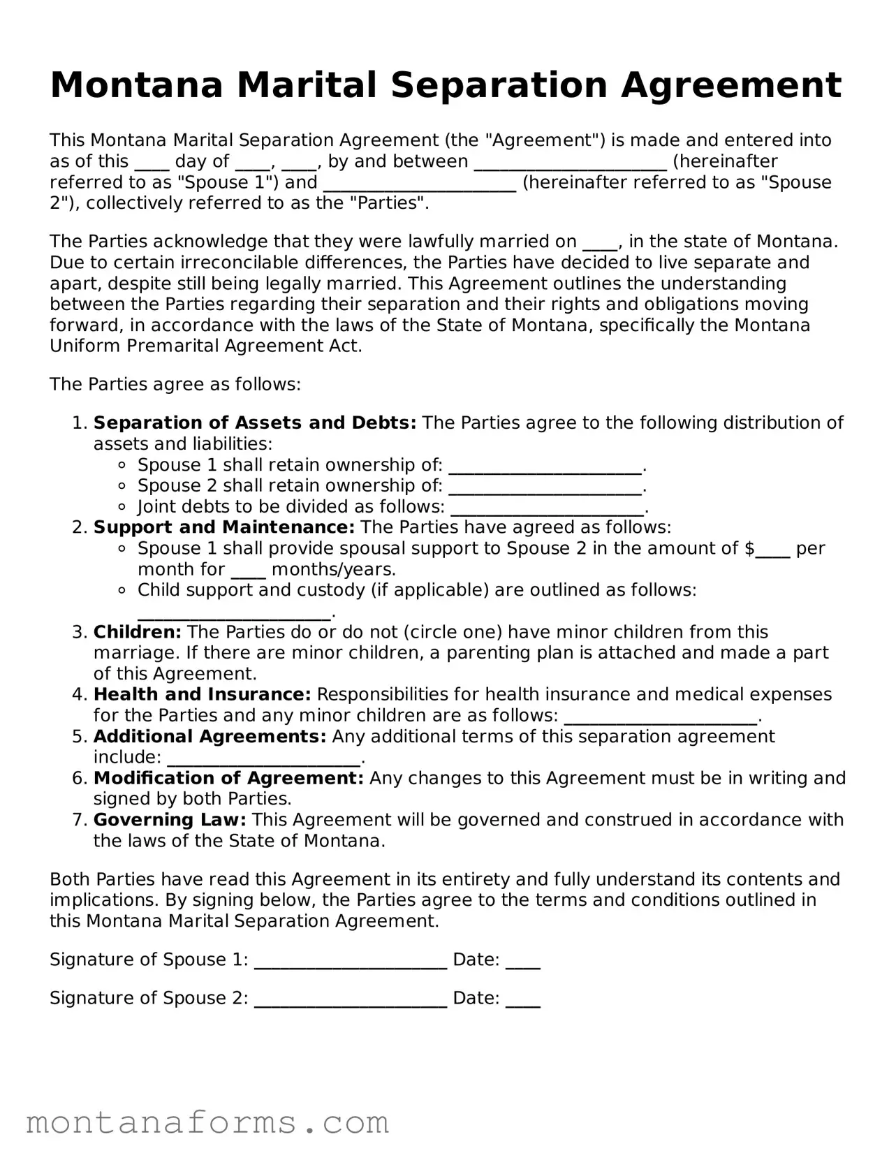 Attorney-Approved Marital Separation Agreement Template for the State of Montana