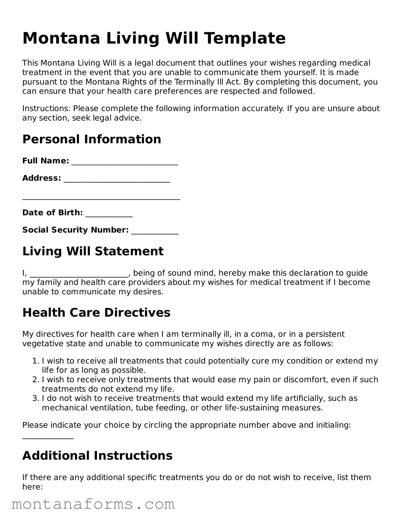 Attorney-Approved Living Will Template for the State of Montana