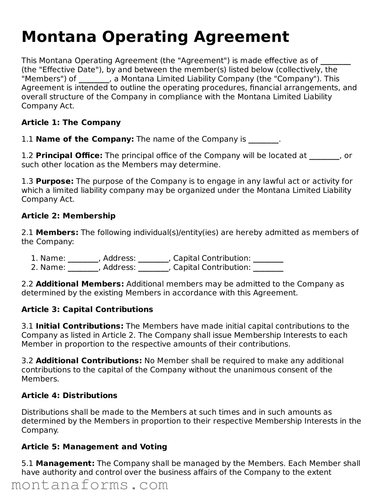 Attorney-Approved Operating Agreement Template for the State of Montana