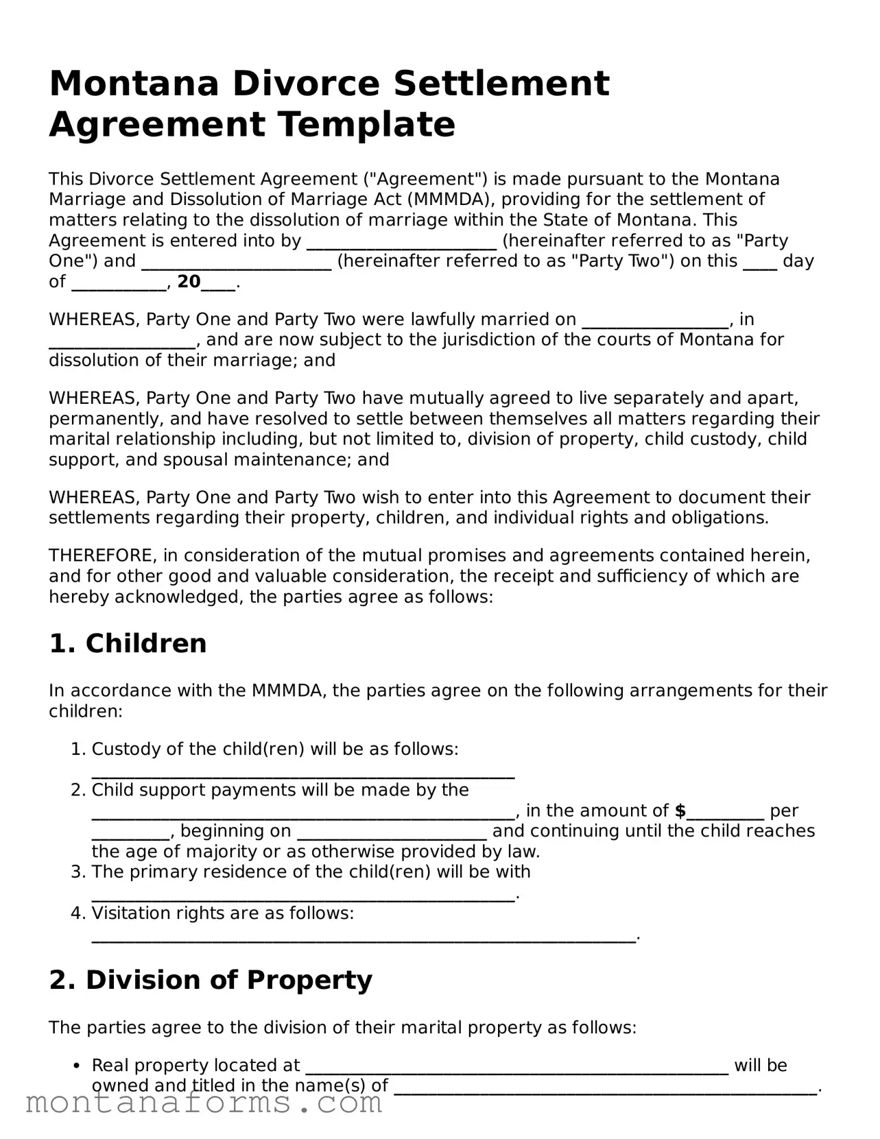 Attorney-Approved Divorce Settlement Agreement Template for the State of Montana
