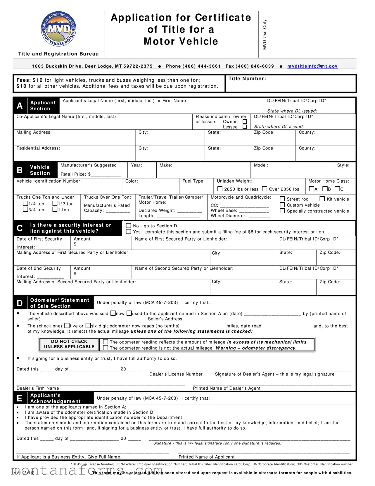 Fillable Montana Mv1 Template in PDF