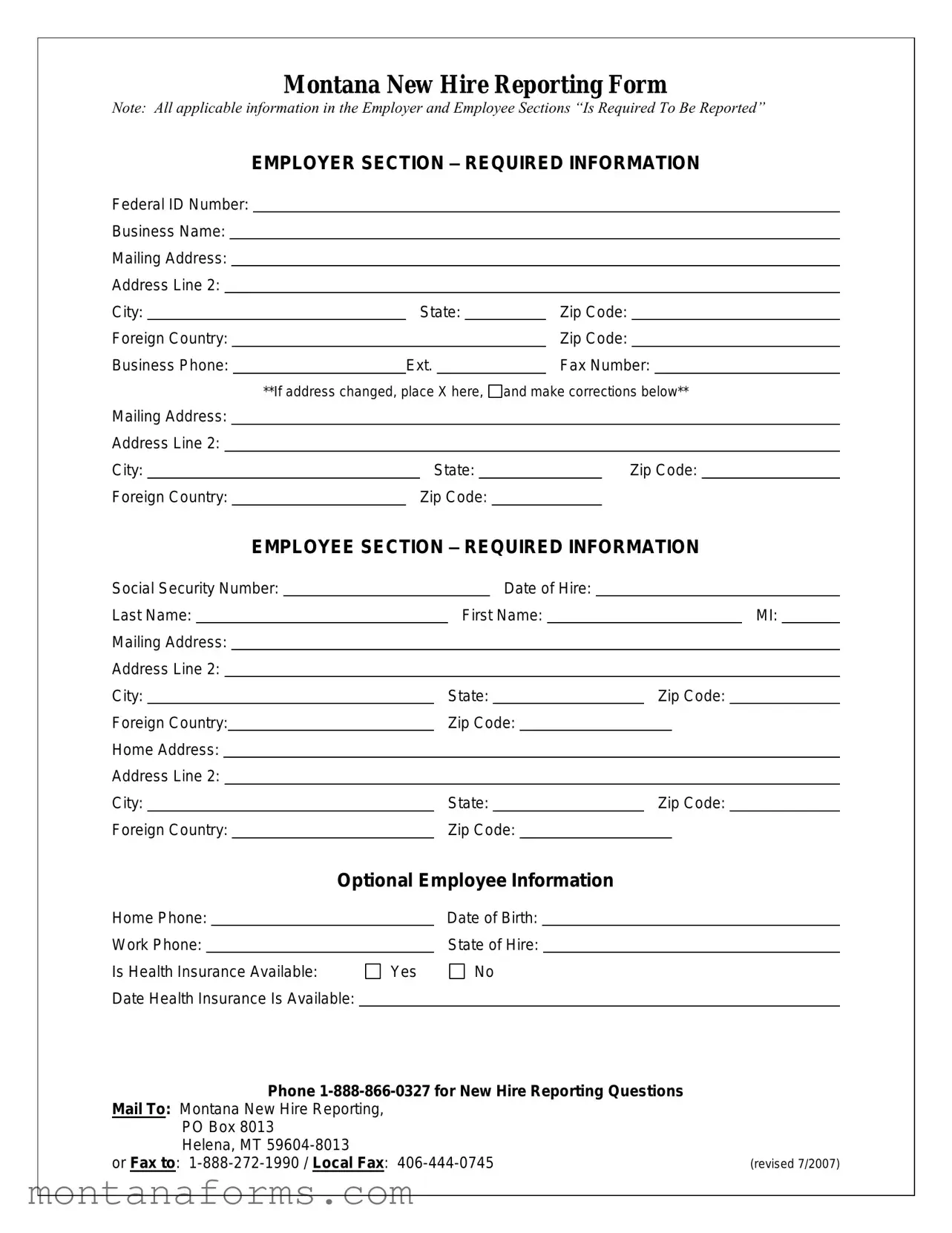 Fillable Montana New Hire Template in PDF
