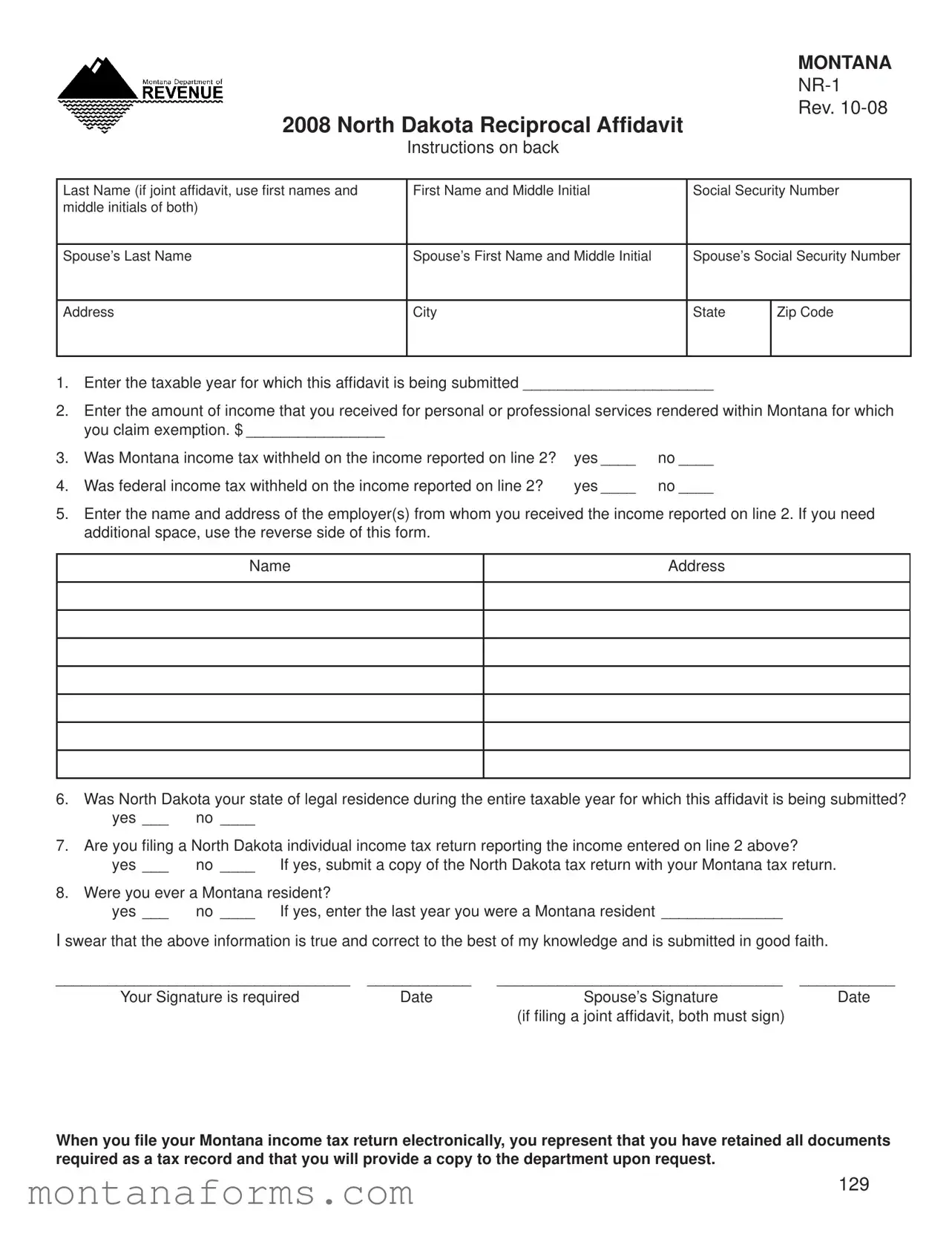 Fillable Montana Nr 1 Template in PDF