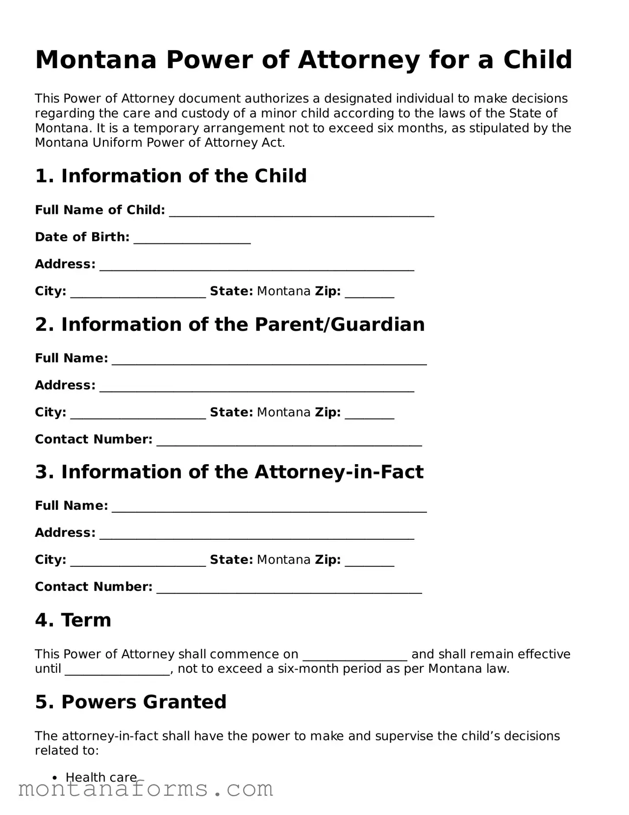Attorney-Approved Power of Attorney for a Child Template for the State of Montana