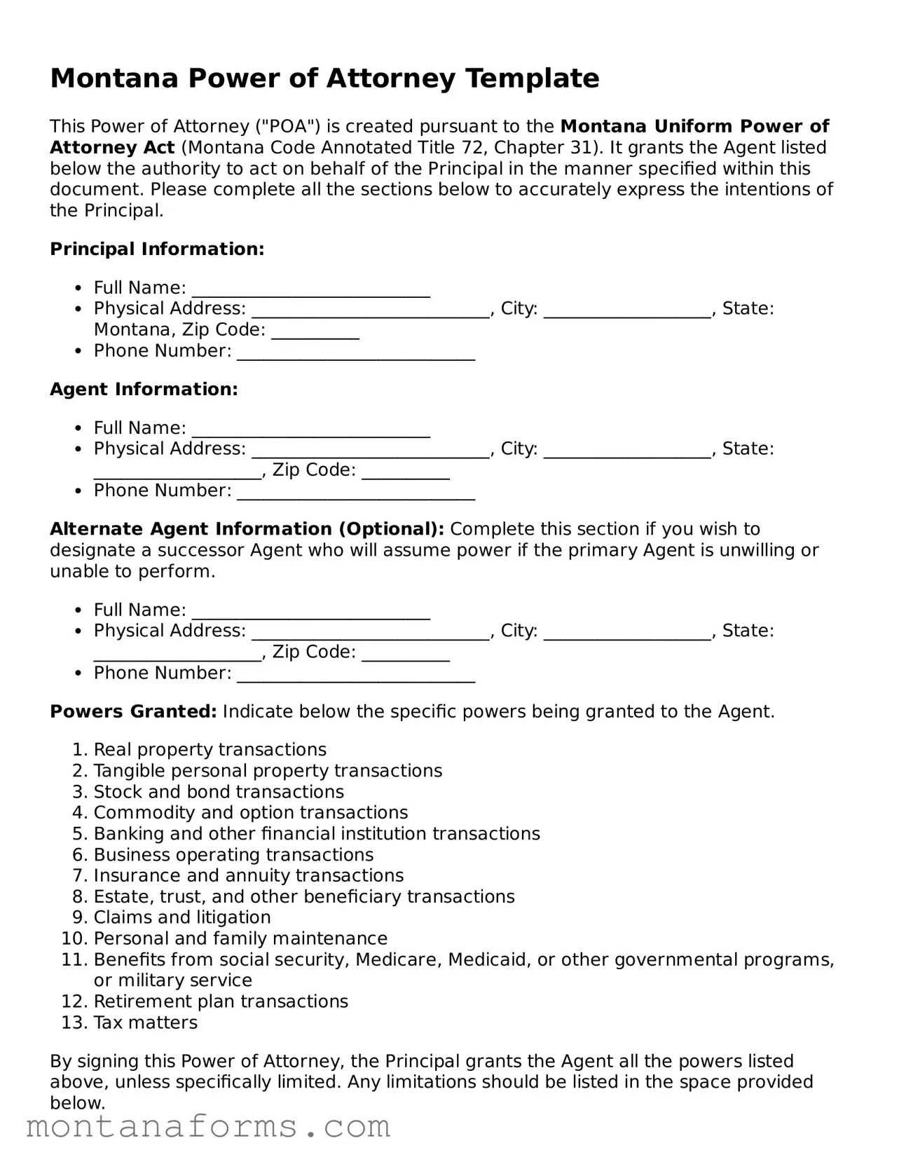 Attorney-Approved Power of Attorney Template for the State of Montana