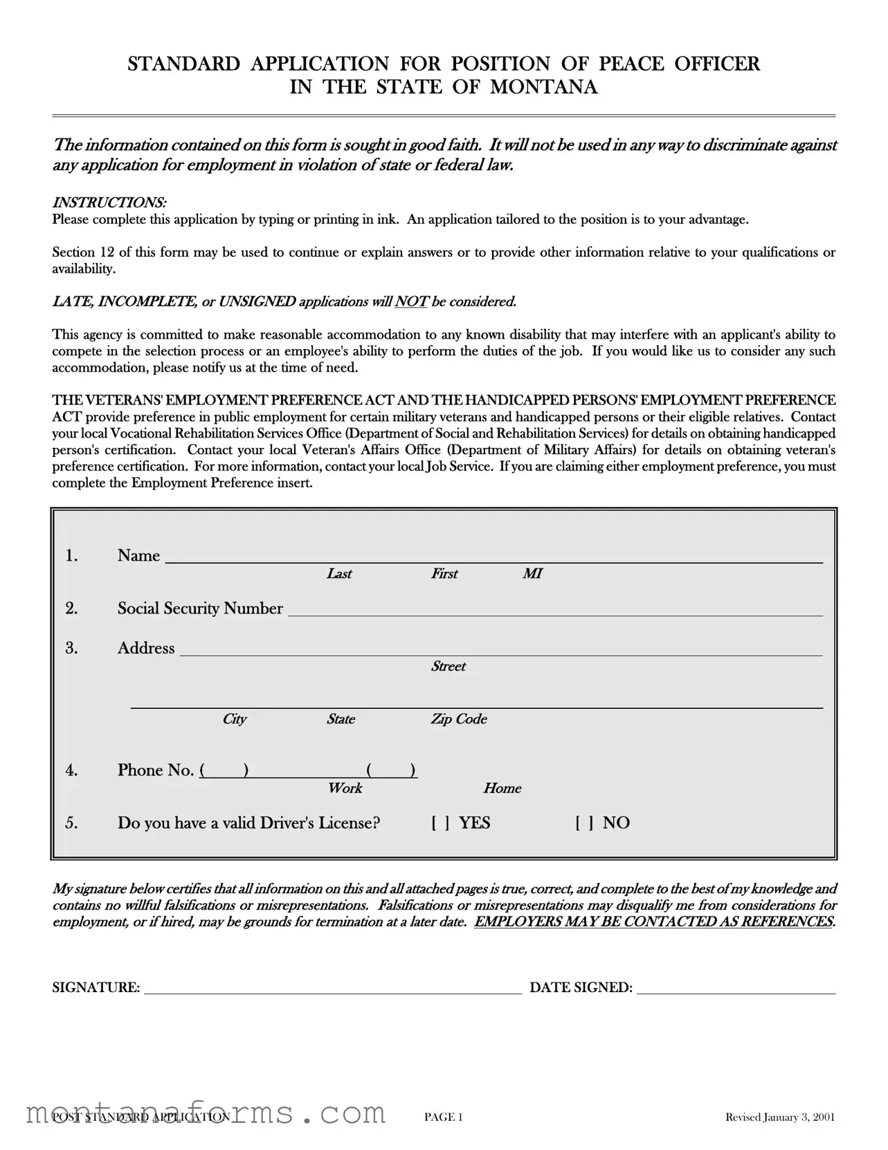 Fillable Montana Post Standard Application Template in PDF
