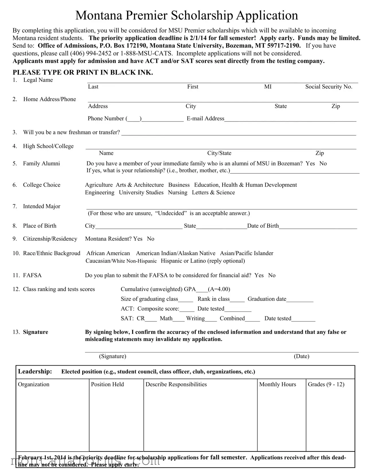 Fillable Montana Premier Scholarship Template in PDF