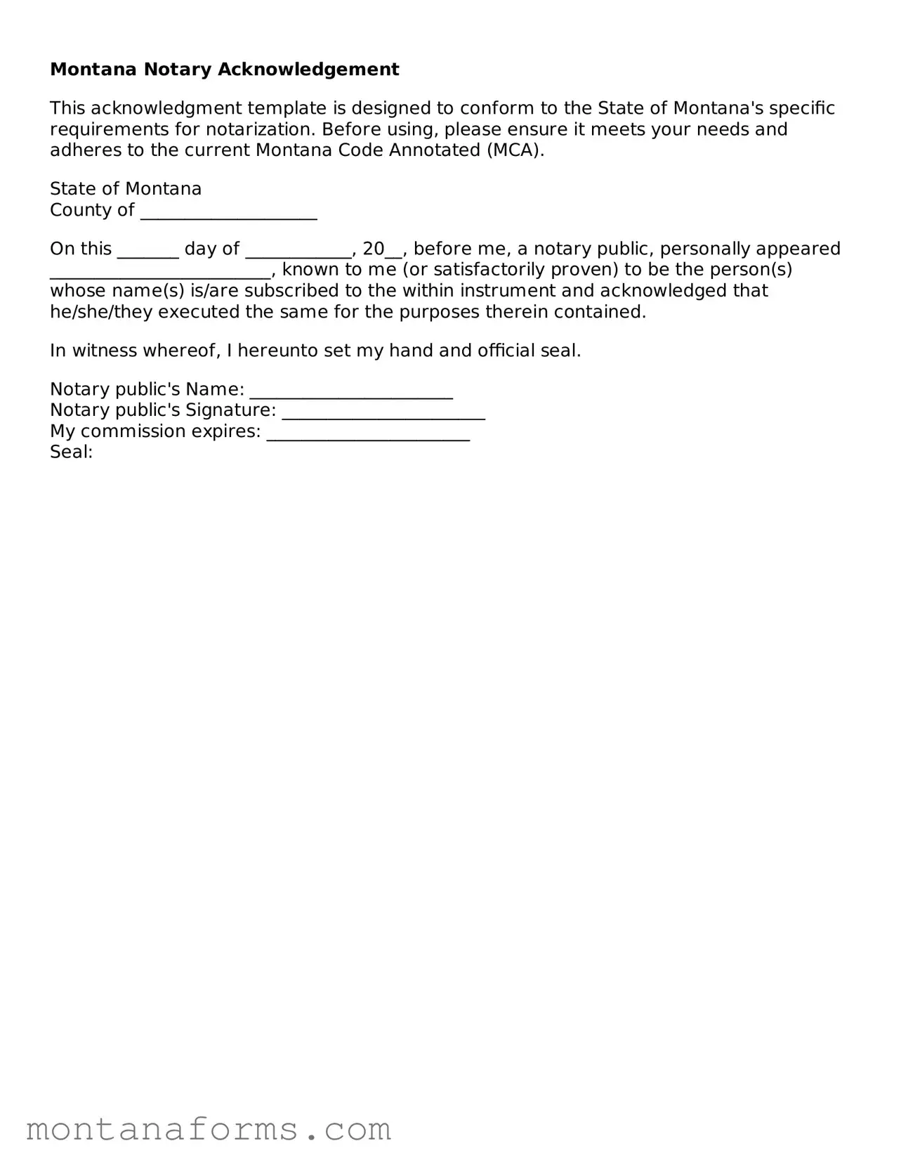Attorney-Approved Notary Acknowledgement Template for the State of Montana