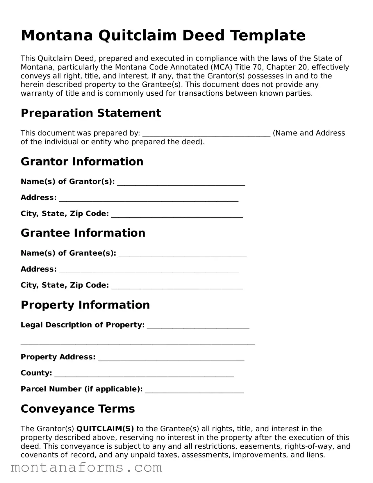Attorney-Approved Quitclaim Deed Template for the State of Montana