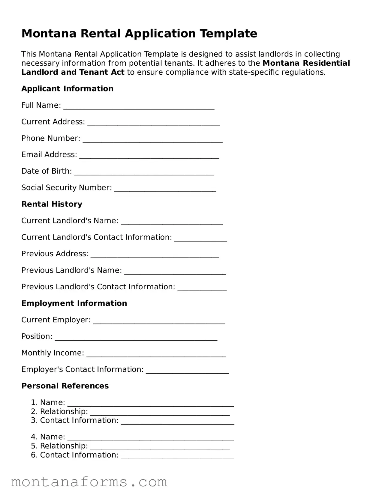 Attorney-Approved Rental Application Template for the State of Montana