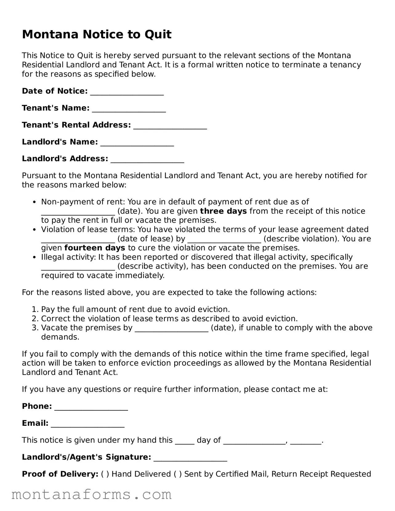 Attorney-Approved Notice to Quit Template for the State of Montana