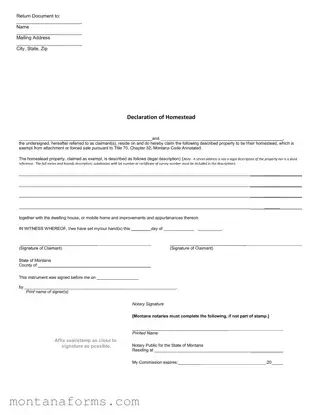 Fillable Montana Declaration Homestead Template in PDF